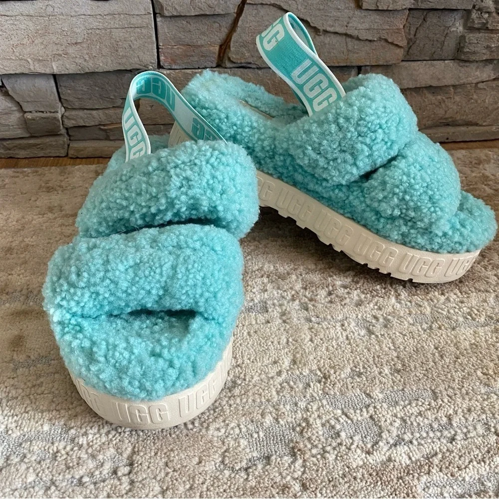 UGG Oh Fluffita Tide Pool Blue Flatform Platform Sandals Slingback: 6